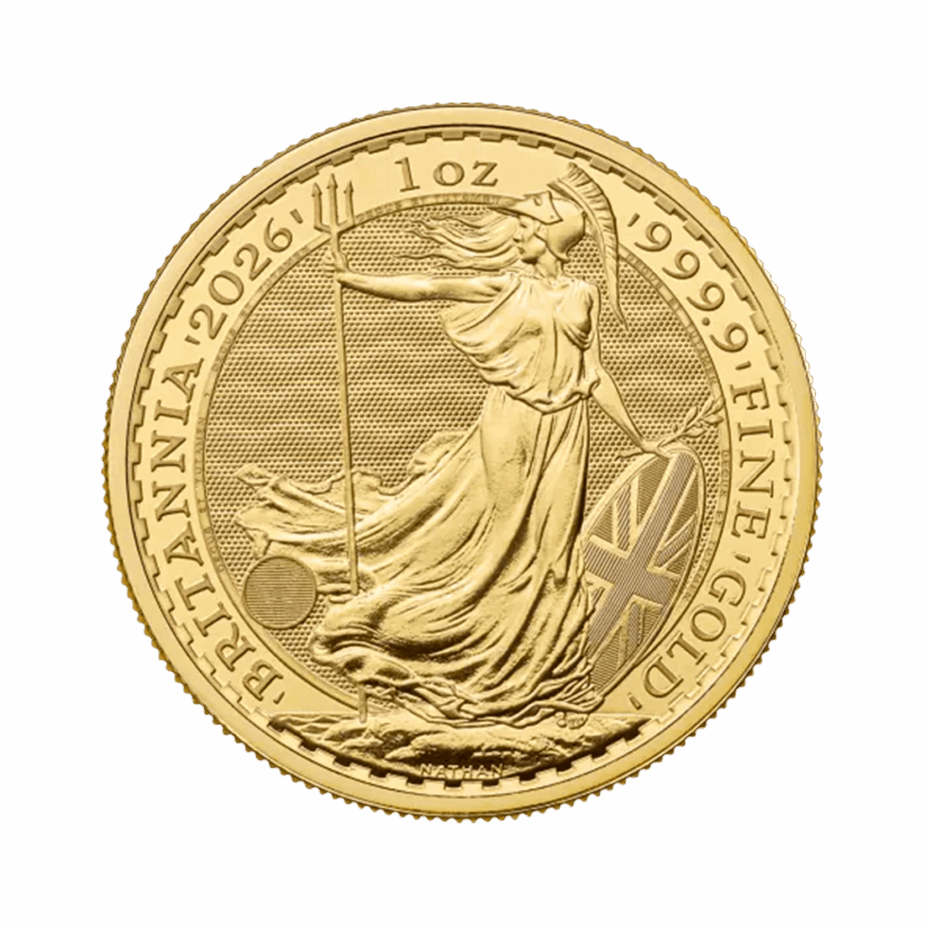 Moneta d'oro da 1 oz. intitolata "Britannia Oro 2026 - Re Carlo III", raffigurante Britannia con tridente e scudo, con l'iscrizione BRITANNIA 2026, 1 oz. e ORO 999,9 FINE.