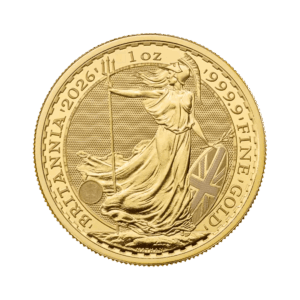 Moneta d'oro da 1 oz. intitolata "Britannia Oro 2026 - Re Carlo III", raffigurante Britannia con tridente e scudo, con l'iscrizione BRITANNIA 2026, 1 oz. e ORO 999,9 FINE.