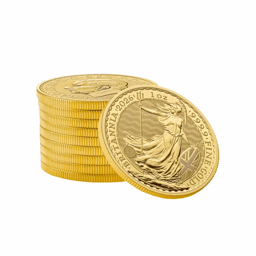 Una moneta d'oro, con l'etichetta "1 oz Britannia Oro 2026 - Re Carlo III", raffigurante una figura in piedi con uno scudo, è esposta davanti a una pila di monete delle stessa edizione.