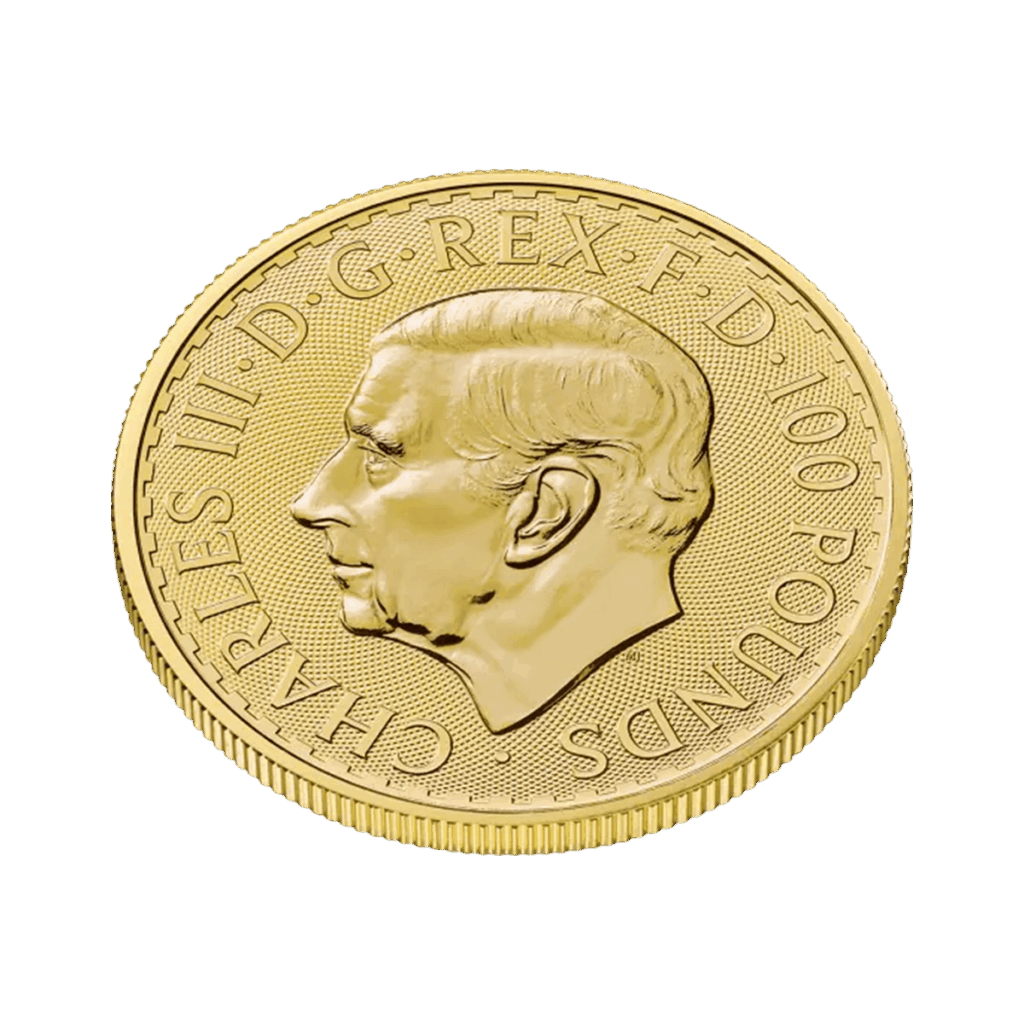 La moneta da 1 oz Britannia Oro 2026 - Re Carlo III presenta un ritratto di Re Carlo III rivolto verso sinistra e l'iscrizione "CHARLES III D G REX F D 100 POUNDS" intorno al bordo.