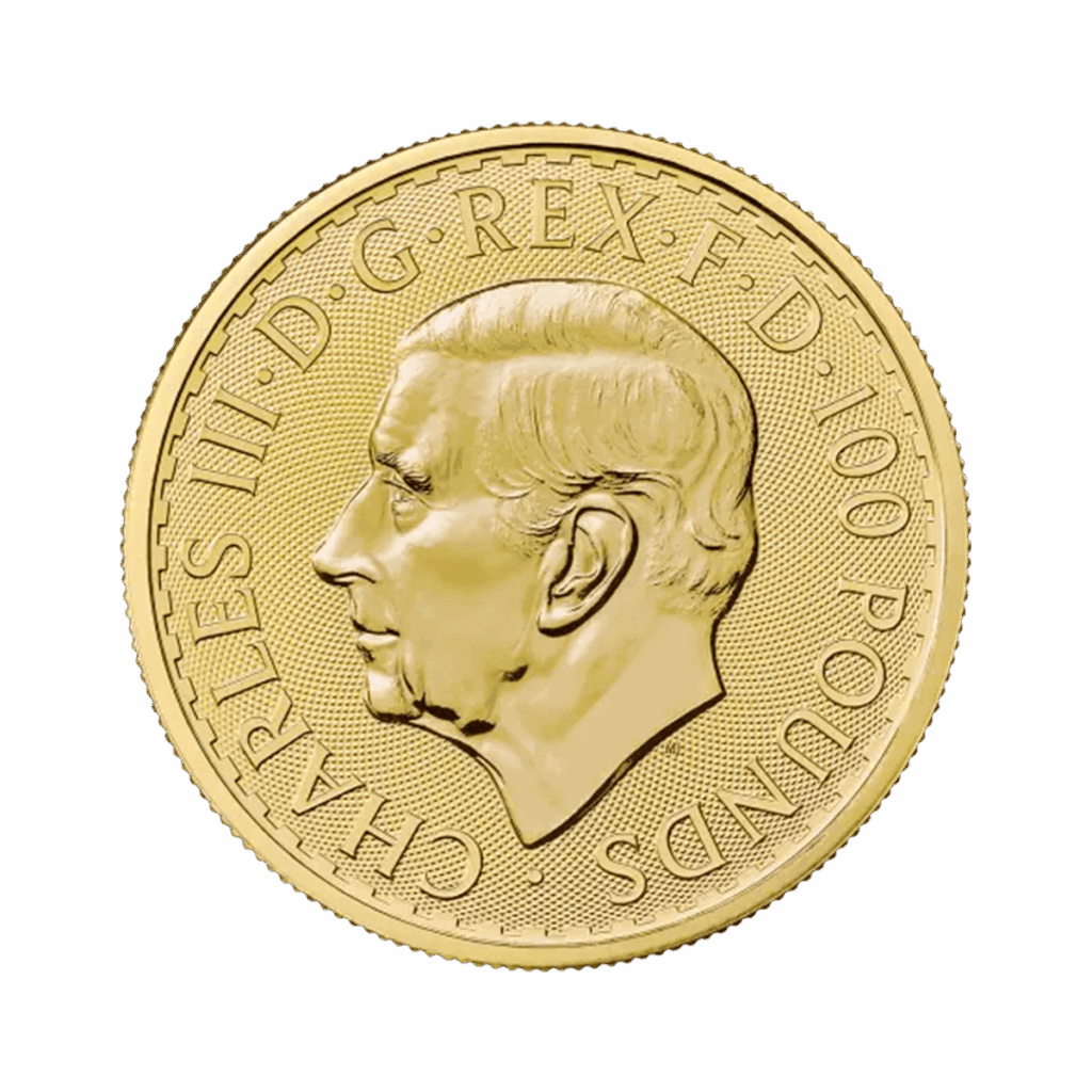 La moneta da 1 oz Britannia Oro 2026 - Re Carlo III presenta un ritratto di Re Carlo III rivolto verso sinistra e l'iscrizione "CHARLES III D G REX F D 100 POUNDS" intorno al bordo.