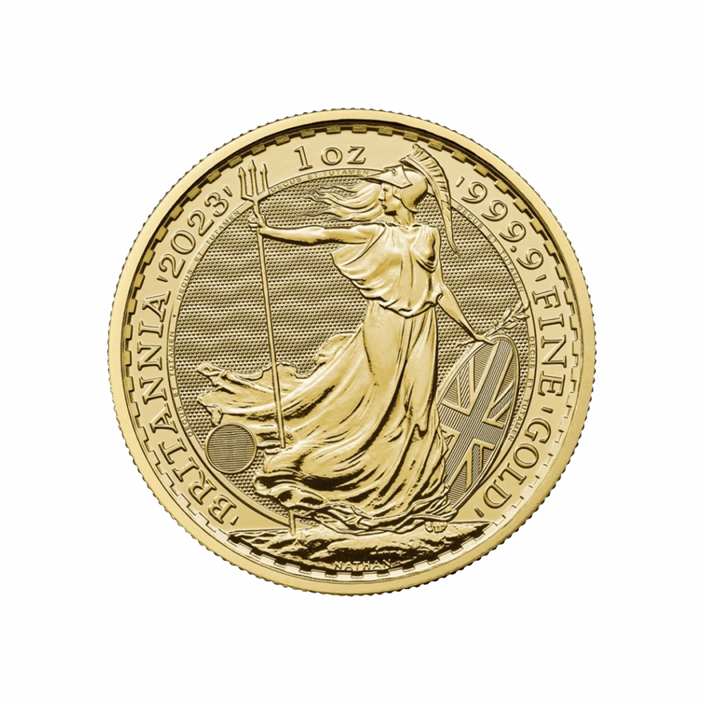 Una moneta d'oro Britannia del 2023 mostra la Britannia con un tridente e lo scudo della Union Jack, con l'iscrizione BRITANNIA 2023, 1 oz, e 999.9 FINE GOLD intorno al bordo.