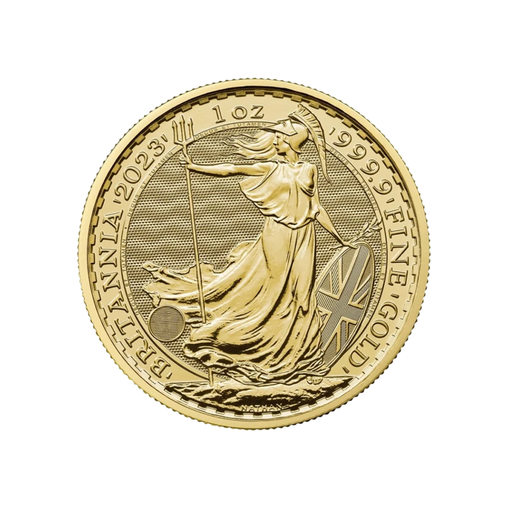 La moneda de oro Britannia muestra a Britannia con un tridente y un escudo con la Union Jack y lleva la inscripción BRITANNIA 2023 1 oz 999.9 FINE GOLD a lo largo del canto.