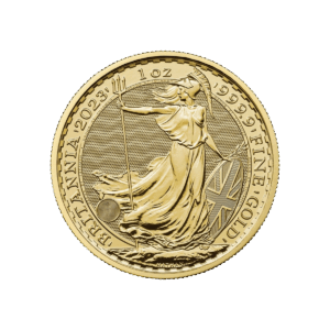 Una moneta d'oro Britannia del 2023 mostra la Britannia con un tridente e lo scudo della Union Jack, con l'iscrizione BRITANNIA 2023, 1 oz, e 999.9 FINE GOLD intorno al bordo.