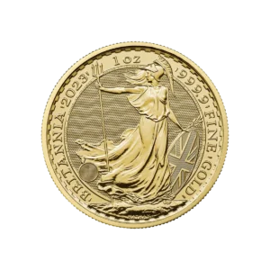 La moneda de oro Britannia muestra a Britannia con un tridente y un escudo con la Union Jack y lleva la inscripción BRITANNIA 2023 1 oz 999.9 FINE GOLD a lo largo del canto.