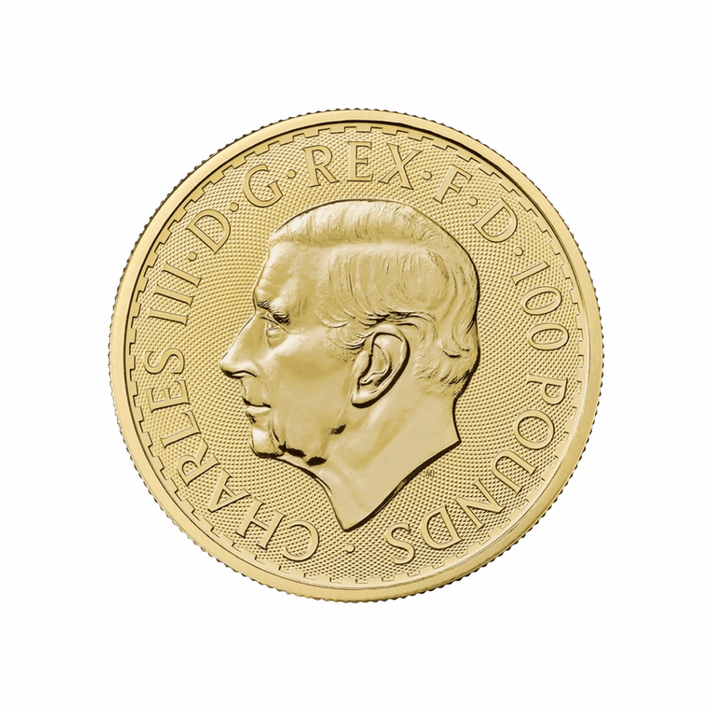 La moneta d'oro Britannia presenta il profilo del re Carlo III rivolto verso sinistra, circondato dall'iscrizione CHARLES III D G REX F D 100 POUNDS, e presenta un bordo a motivi.