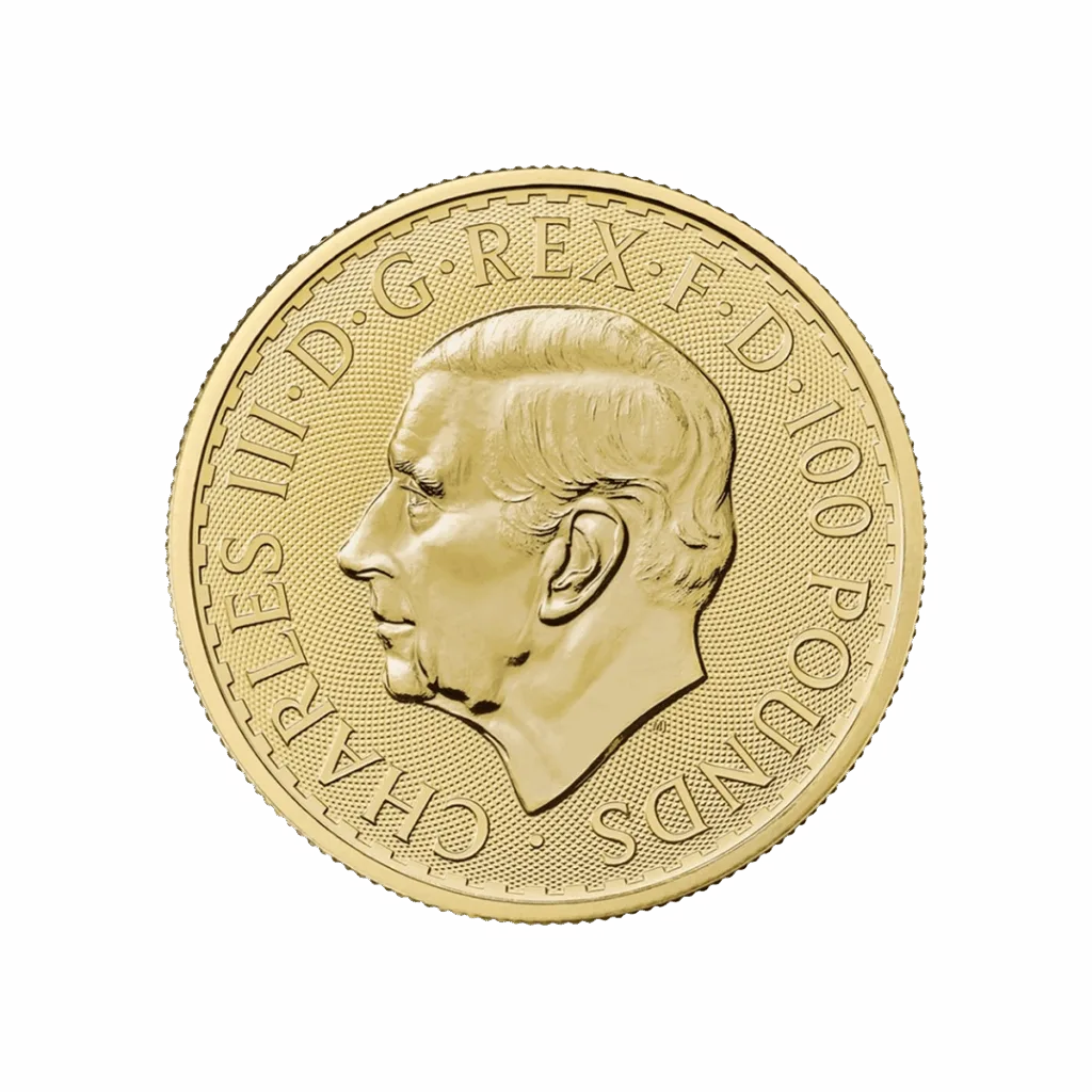 La moneta d'oro Britannia presenta il profilo del re Carlo III rivolto verso sinistra, circondato dall'iscrizione CHARLES III D G REX F D 100 POUNDS, e presenta un bordo a motivi.
