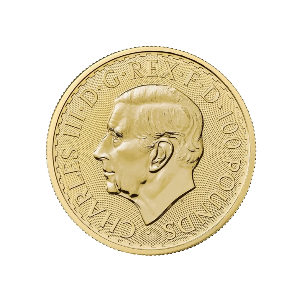 Moneda Britannia de oro con el perfil izquierdo del rey Carlos III y la inscripción "CHARLES III D.G. REX F.D. 100 POUNDS" en el canto.