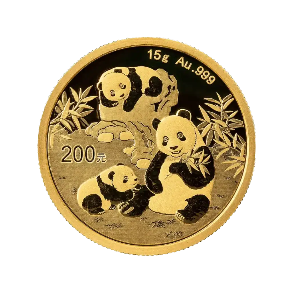 El Panda Chino Oro 2025 de 15 g presenta tres pandas entre bambúes, con 15 g de Au .999 en la parte superior y 200元 en la inferior, indicando su peso, pureza del oro y valor facial.