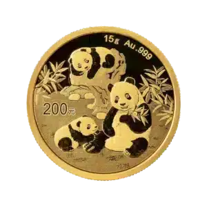 El Panda Chino Oro 2025 de 15 g presenta tres pandas entre bambúes, con 15 g de Au .999 en la parte superior y 200元 en la inferior, indicando su peso, pureza del oro y valor facial.