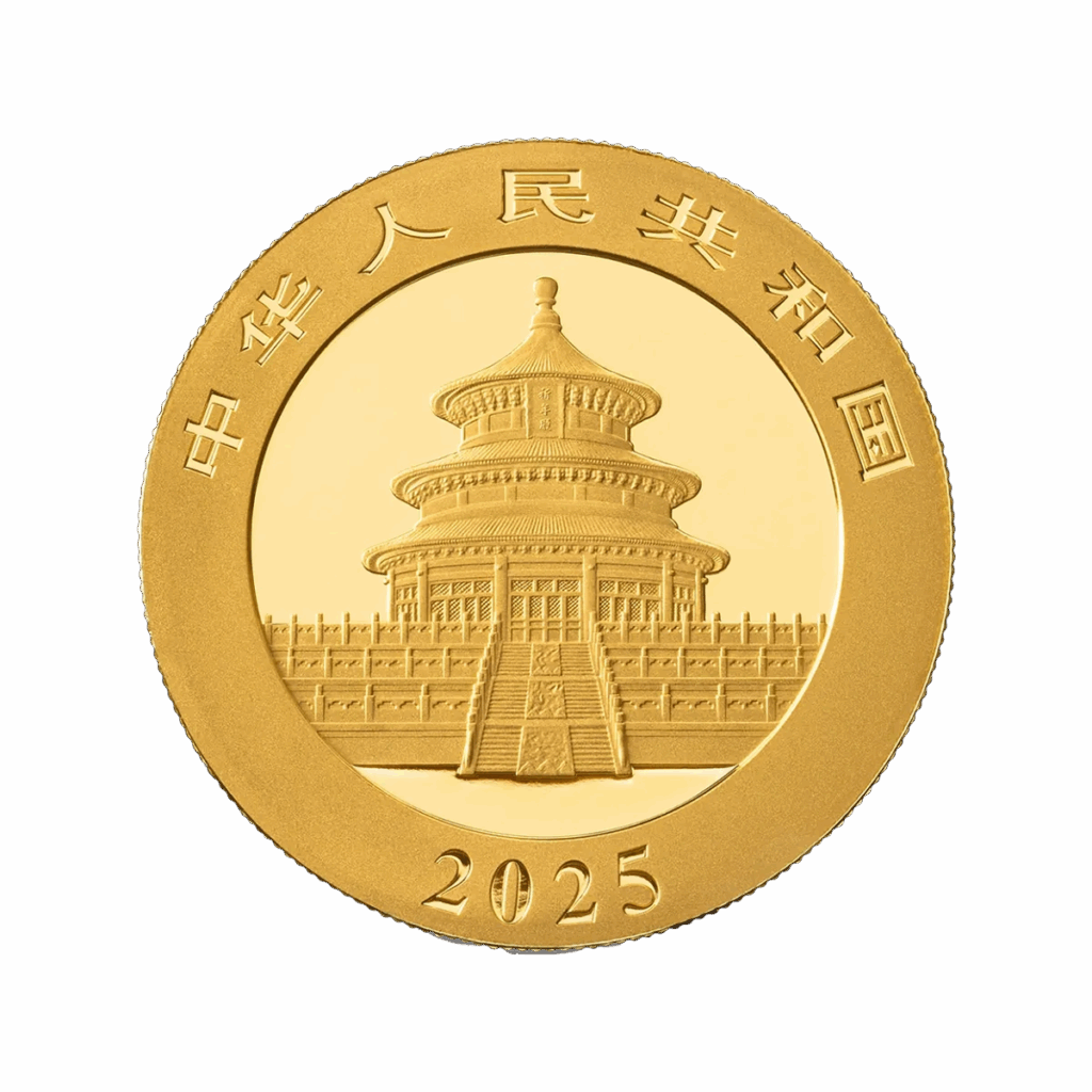 La moneta da 15 g Panda Cinese Oro 2025 mostra il Tempio del Cielo, circondato da caratteri cinesi con l'anno 2025 alla base.