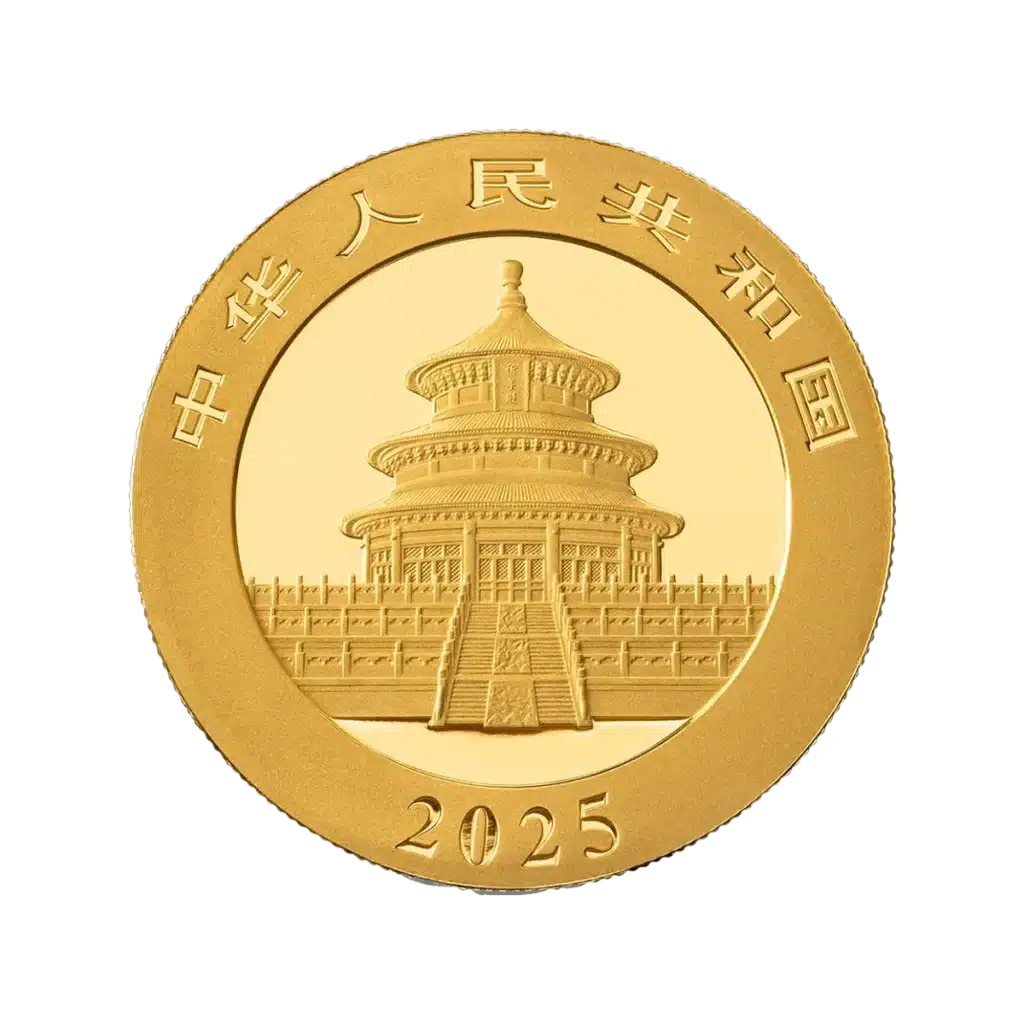 La Panda Chino Oro 2025 de 15 g es una moneda de oro que muestra el Templo del Cielo, caracteres chinos en el borde superior y el año 2025 inscrito en la parte inferior.