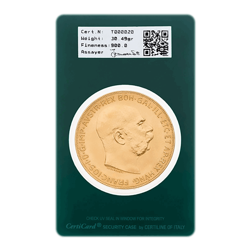 La moneta d'oro da 100 Corona Austria raffigura un uomo barbuto di profilo ed è sigillata in una CertiCard verde con un'etichetta che riporta i dettagli della certificazione, il peso, la finezza e un codice QR.