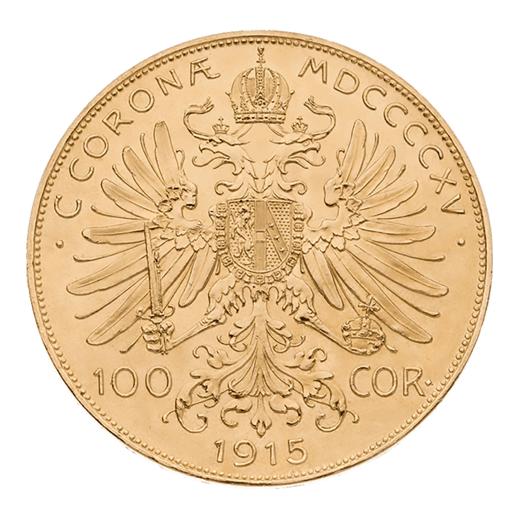 La moneta d'oro da 100 Corone Austria presenta un'aquila bicipite con corona, scettro, globo e scudo centrale, oltre alle iscrizioni "C. CORONA MDCCCCXV", "100 COR" e l'anno 1915.