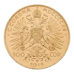 La moneda de oro 100 Corona Austria muestra un águila bicéfala con las alas extendidas, corona, cetro y escudo. En el canto puede leerse "C. CORONA MDCCCCXV", con "100 COR" y la fecha "1915" debajo.