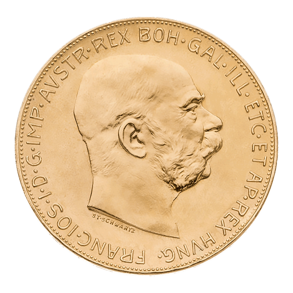 La moneta d'oro da 100 corone dell'Austria presenta un uomo barbuto rivolto verso destra con l'iscrizione "FRANC IOS I D G IMP AVSTR REX BOH GAL ILL ETC ET AP REX HVNG" lungo il bordo.