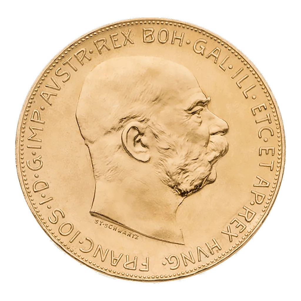 La moneta d'oro da 100 corone dell'Austria presenta un uomo barbuto rivolto verso destra con l'iscrizione "FRANC IOS I D G IMP AVSTR REX BOH GAL ILL ETC ET AP REX HVNG" lungo il bordo.