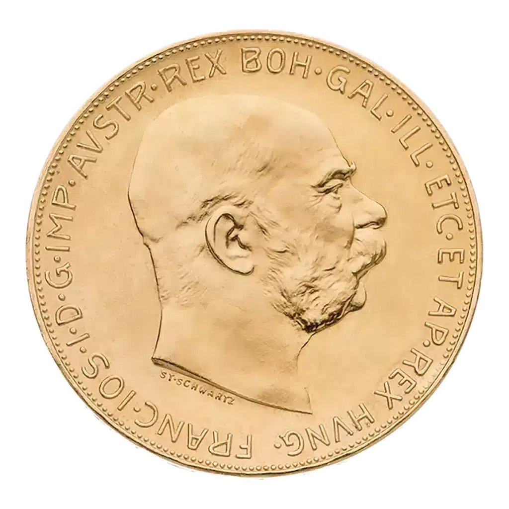 La moneda de oro de 100 Corona Austria muestra a un hombre barbudo mirando hacia la derecha, con la inscripción "FRANC IOS I D G IMP AVSTR REX BOH GAL ILL ETC ET AP REX HUNG" en el canto y la firma del artista debajo de su retrato.