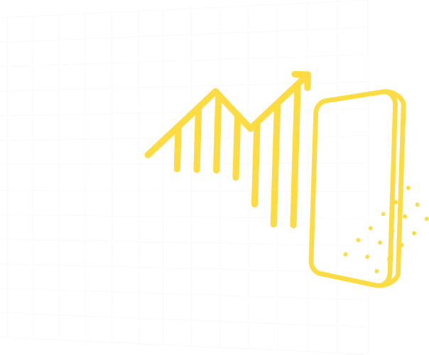 Un gráfico de líneas amarillas con una flecha hacia arriba aparece detrás del contorno de un smartphone, lo que sugiere crecimiento o análisis relacionados con la tecnología móvil, sobre un fondo claro.