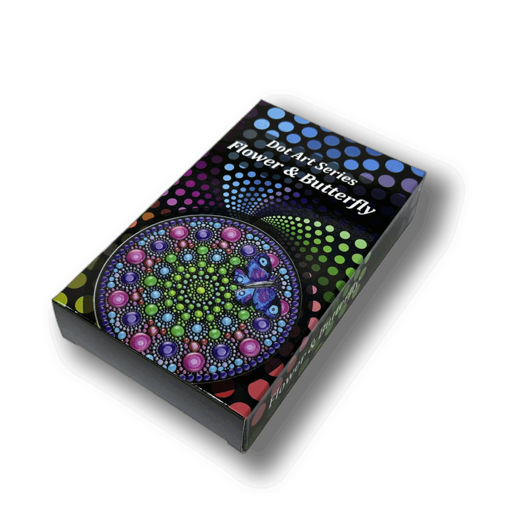 La moneta Palau 2023 Arte Puntinista: Fiore con Farfalla 3 oz Argento è caratterizzata da una vibrante dot art con un mandala centrale e una farfalla blu su uno sfondo scuro ornato da disegni circolari multicolore.