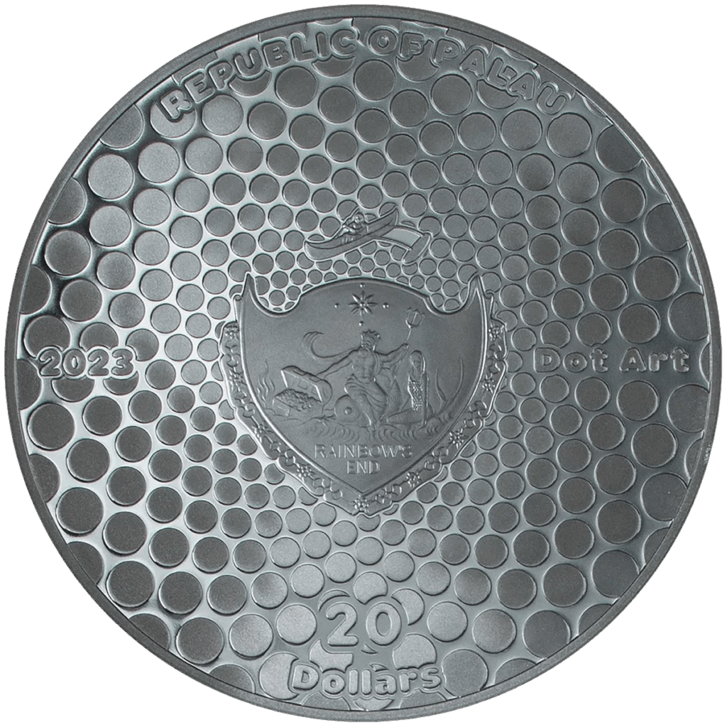 Moneta circolare d'argento da 3 once di Palau, "2023 Arte Puntinista: Fiore con Farfalla", presenta un motivo a punti in rilievo, uno stemma centrale, l'anno 2023, l'iscrizione "Arte Puntinista" e un taglio di 20 dollari nella parte inferiore.