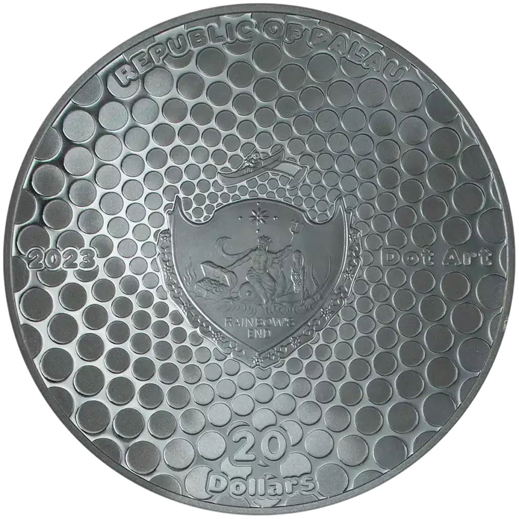 La moneda "Palau 2023 Arte de Puntos: Flor con Mariposa 3 oz Plata" es una moneda de plata con puntos en relieve, el escudo de Palaos en el centro, "REPÚBLICA DE PALAU", "2023 Arte de Puntos" y la denominación "20 Dólares" en la parte inferior.
