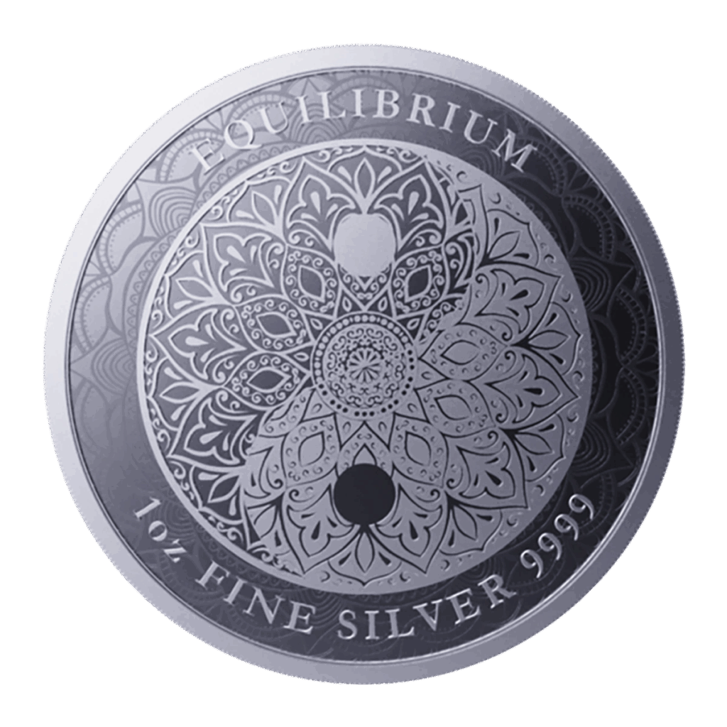 Il Niue 2023 Equilibrium 1 oz Argento BU presenta intricati motivi mandala, EQUILIBRIUM nella parte superiore, un simbolo yin-yang centrale e "1 oz FINE SILVER 9999" inciso nella parte inferiore.