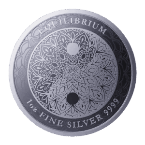 Il Niue 2023 Equilibrium 1 oz Argento BU presenta intricati motivi mandala, EQUILIBRIUM nella parte superiore, un simbolo yin-yang centrale e "1 oz FINE SILVER 9999" inciso nella parte inferiore.