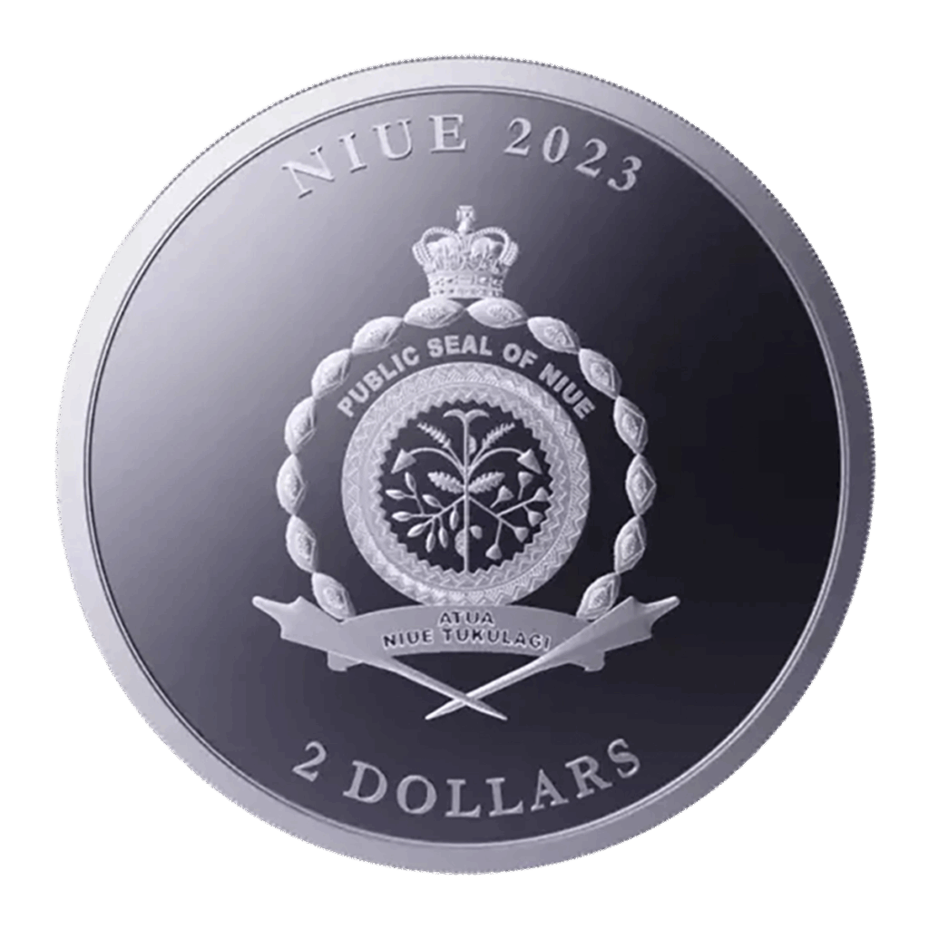 La moneta d'argento Niue 2023 Equilibrium 1 oz Argento FDC reca in alto la scritta "NIUE 2023", al centro il sigillo pubblico di Niue con lance incrociate, corona e foglie e in basso la scritta "2 DOLLARS".