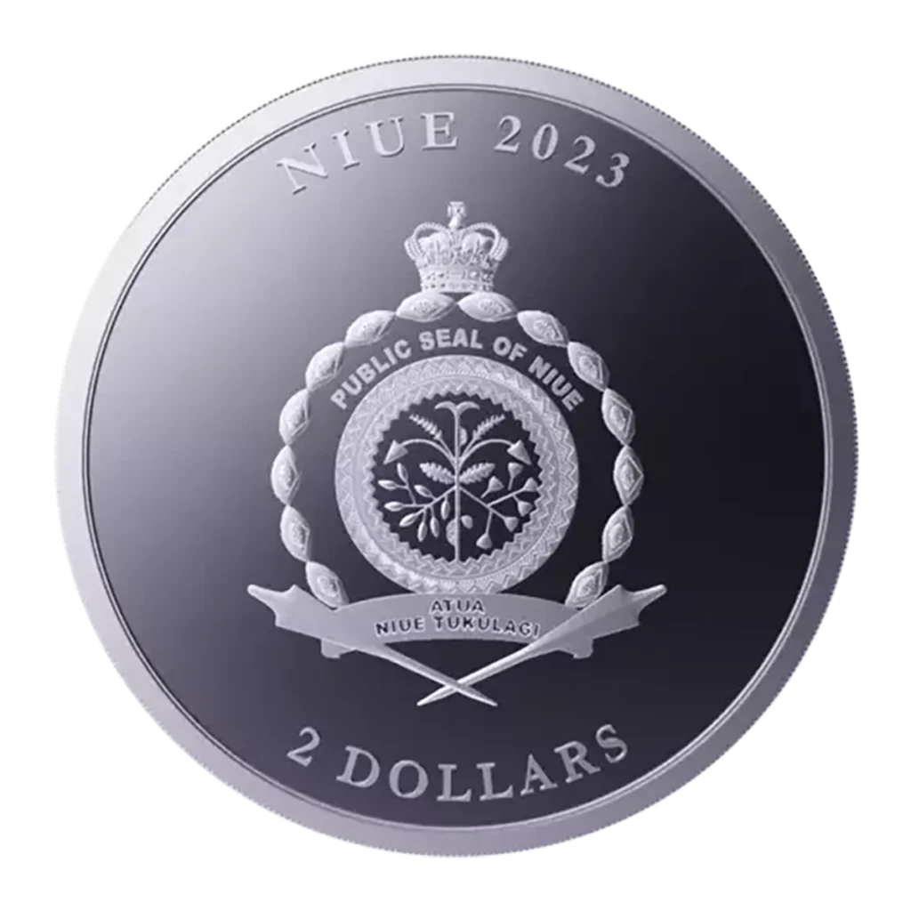 La moneda de plata Niue 2023 Equilibrium 1 oz Plata BU muestra el sello público de Niue en el centro, con "NIUE 2023" encima, "2 DOLLARS" debajo y un diseño de hojas de laurel, una corona y dos armas cruzadas.