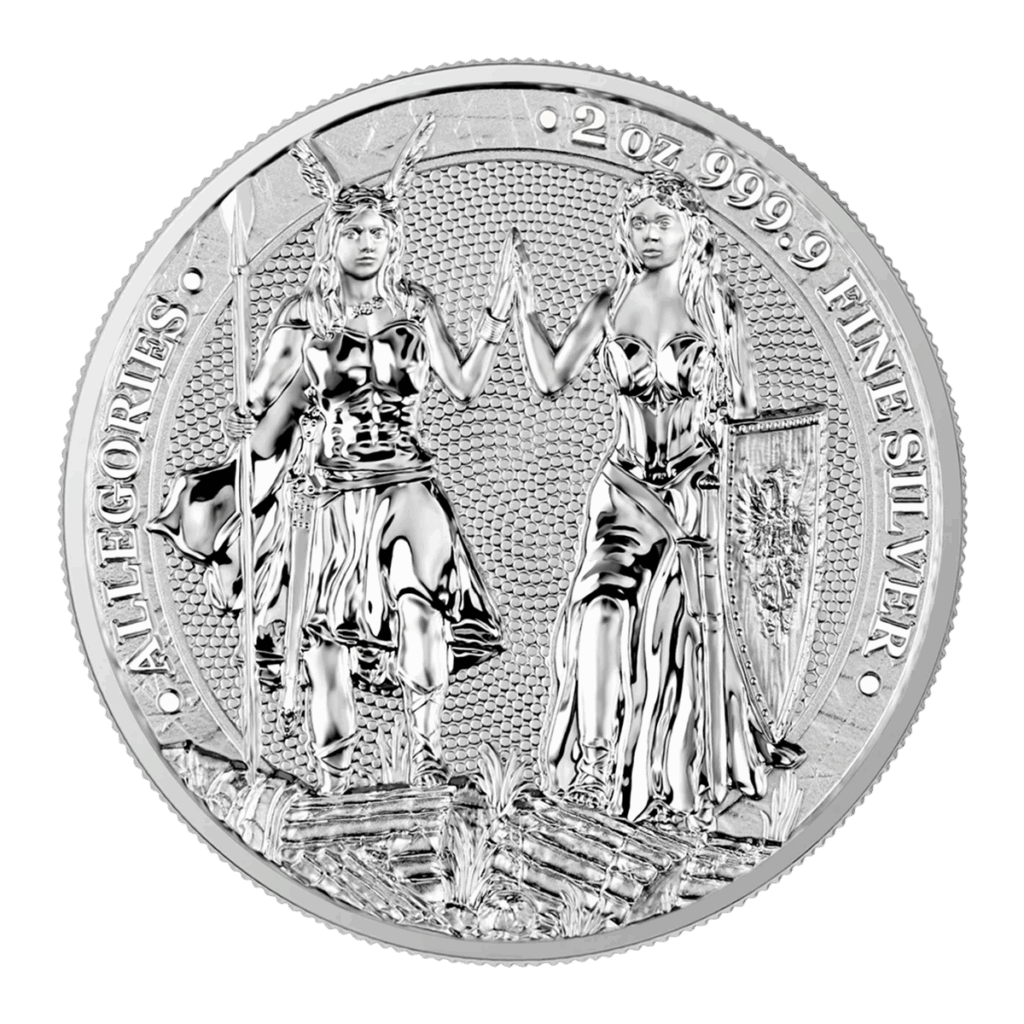 La moneta d'argento 2023 Allegorie: Gallia e Germania 2 oz Argento Fior di Conio è caratterizzata da due figure allegoriche femminili che si tengono per mano, con la scritta "ALLEGORIES" e "2 oz 999.9 FINE SILVER", oltre a motivi dettagliati e bordi decorativi.