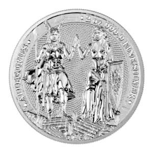 La moneda de 2 oz Plata 2023 Alegorías: Galia y Germania 2 oz Plata BU muestra dos figuras femeninas alegóricas de pie, una al lado de la otra, tocándose las manos. En el canto se lee "ALLEGORIAS", "2 oz 999.9 FINE SILVER", con un fondo decorativo.