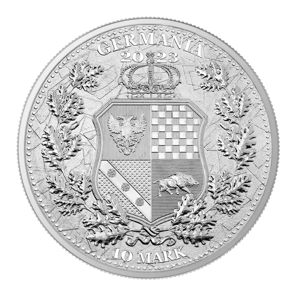 Las Alegorías 2023: Galia y Germania 2 oz Plata BU muestra grabados detallados de un escudo de cuatro partes con símbolos, ramas de laurel, texto "GERMANIA 2023", una corona sobre el escudo y "10 MARK" en la parte inferior.