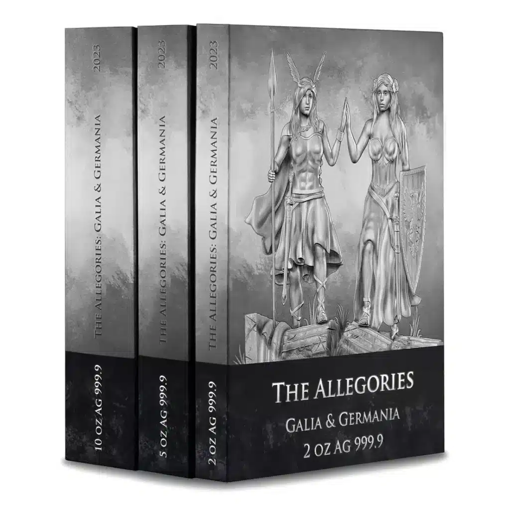 Tres cajas muestran una ilustración en escala de grises de dos mujeres acorazadas con armas y escudos, con la etiqueta "2023 Alegorías: Galia y Germania 2 oz Plata BU" y muestran años y pesos en los lomos.