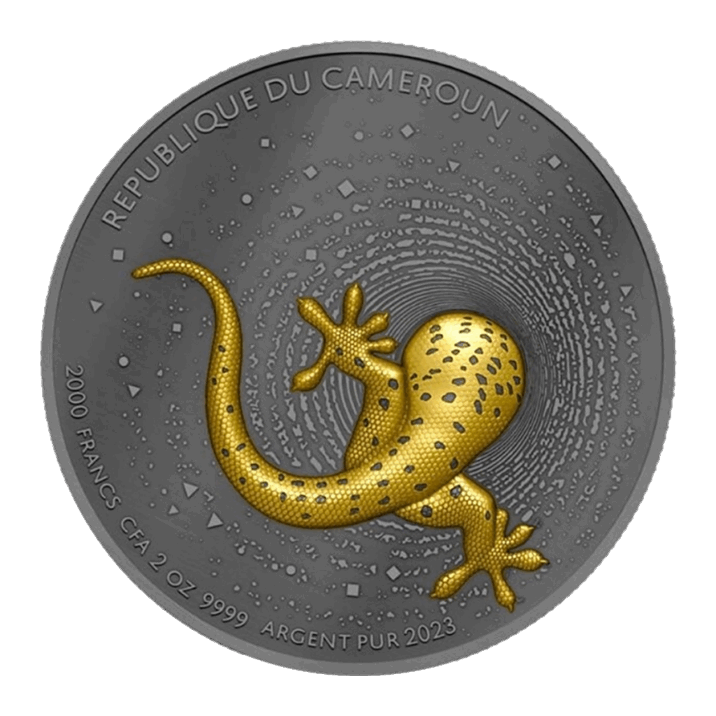 La moneta d'argento "Camerun 2023 Geco 2 oz Argento Dorato Scuro UHR" presenta al centro un geco a macchie nere color oro e sul bordo la scritta "REPUBLIQUE DU CAMEROUN", la denominazione, la purezza, il peso e l'anno 2023.