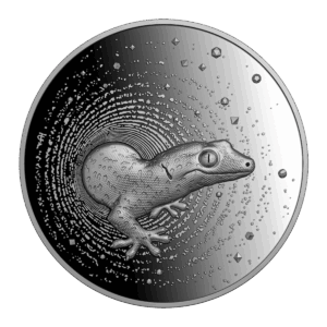 La moneta Camerun 2023 Geco 2 oz Argento Proof UHR mostra un geco dettagliato che emerge da un vortice e da una texture, sullo sfondo di forme geometriche.