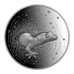 La moneda de plata Camerún 2023 Gecko 2 oz Plata Proof UHR muestra un gecko finamente repujado que emerge de círculos concéntricos y formas geométricas, creando un llamativo efecto tridimensional.