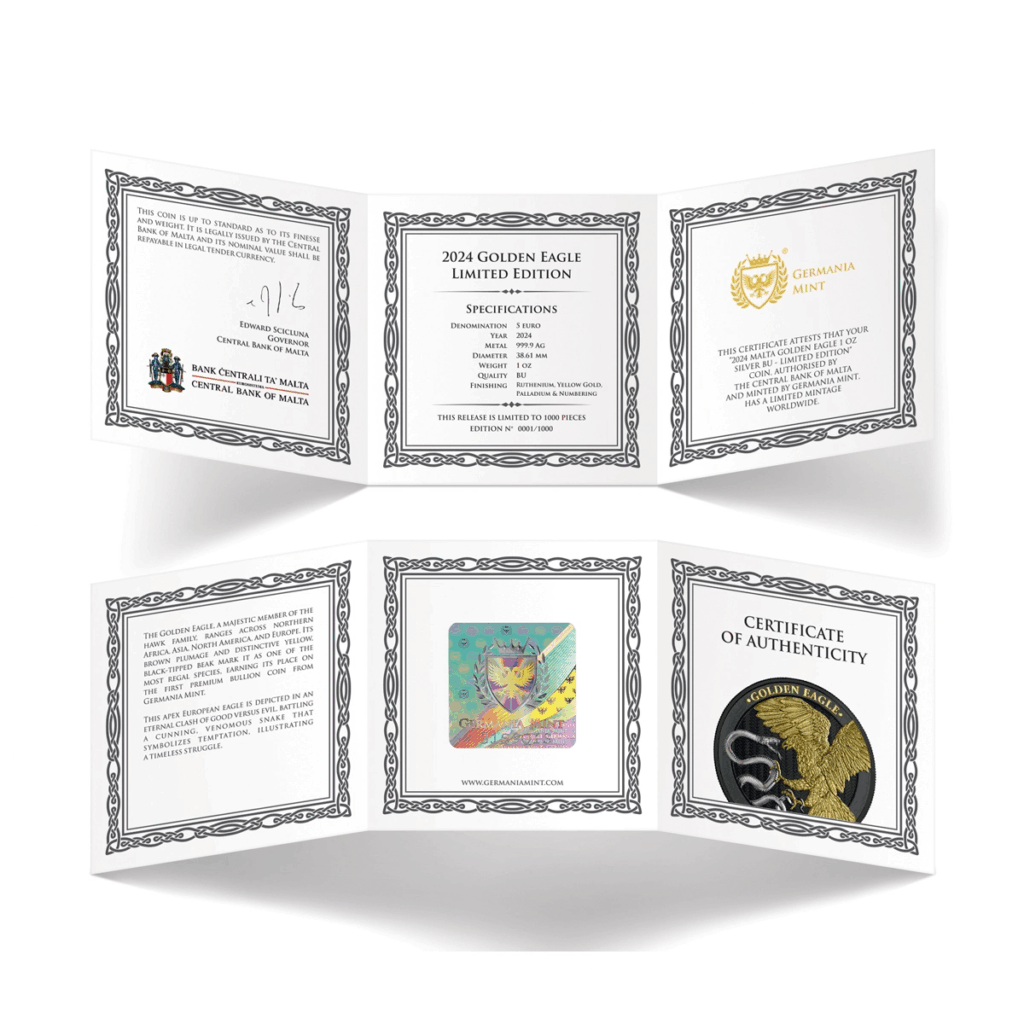 Un certificato ripiegato presenta testo, firme ufficiali, ologramma di sicurezza e immagini che confermano l'autenticità e le specifiche del Prime Bullion - 2024 Malta Golden Eagle 5 Euro 1 oz Argento BU Edizione Limitata della Germania Mint.
