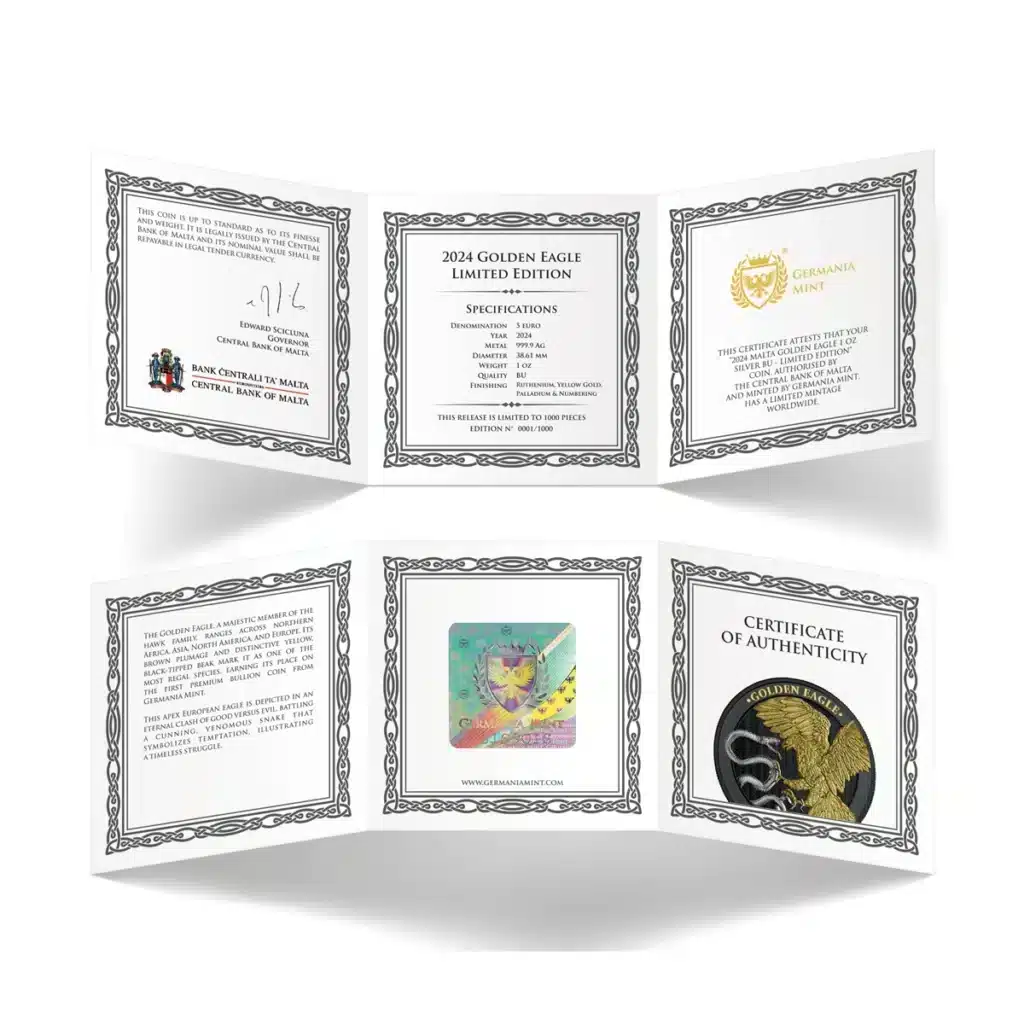 Un certificado plegado proporciona especificaciones, detalles de autenticidad, firmas, logotipos y una pegatina de seguridad holográfica para la moneda Prime Bullion - 2024 Malta Golden Eagle 5 Euro 1 oz Plata BU Edición Limitada.