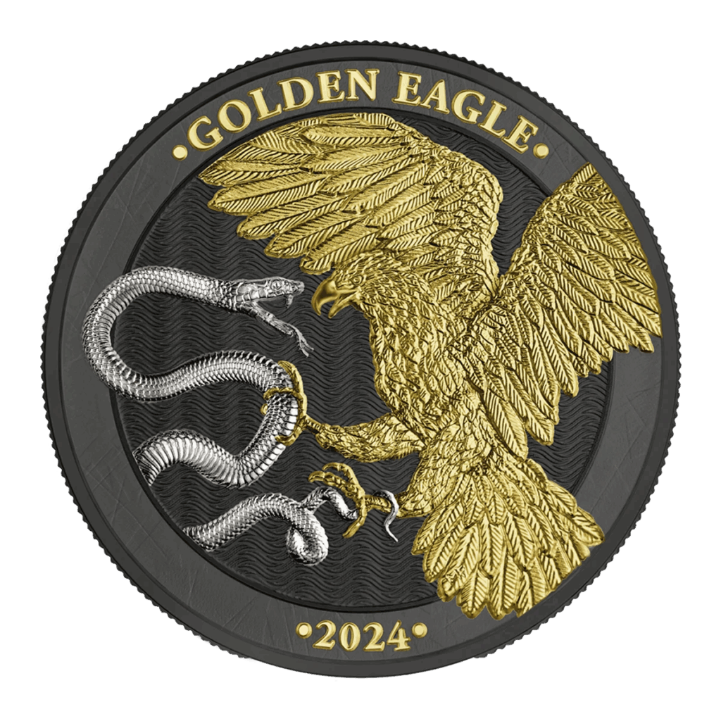 La moneta Prime Bullion - 2024 Malta Golden Eagle 5 Euro 1 oz Argento FDC mostra un'aquila dorata che attacca un serpente d'argento, la scritta "GOLDEN EAGLE" in alto, la scritta "2024" in basso e uno sfondo scuro a motivi ondulati. Edizione limitata.