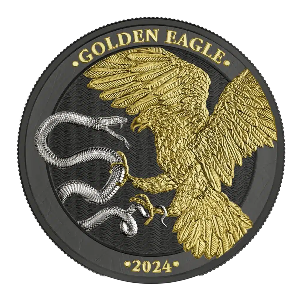 La moneda Prime Bullion 2024 Malta Golden Eagle 5 Euro 1 oz Plata BU Edición Limitada muestra un águila de color dorado atacando a una serpiente plateada, con "GOLDEN EAGLE" en la parte superior, "2024" en la parte inferior y un fondo de textura oscura.