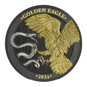 La moneda Prime Bullion 2024 Malta Golden Eagle 5 Euro 1 oz Plata BU Edición Limitada muestra un águila de color dorado atacando a una serpiente plateada, con "GOLDEN EAGLE" en la parte superior, "2024" en la parte inferior y un fondo de textura oscura.