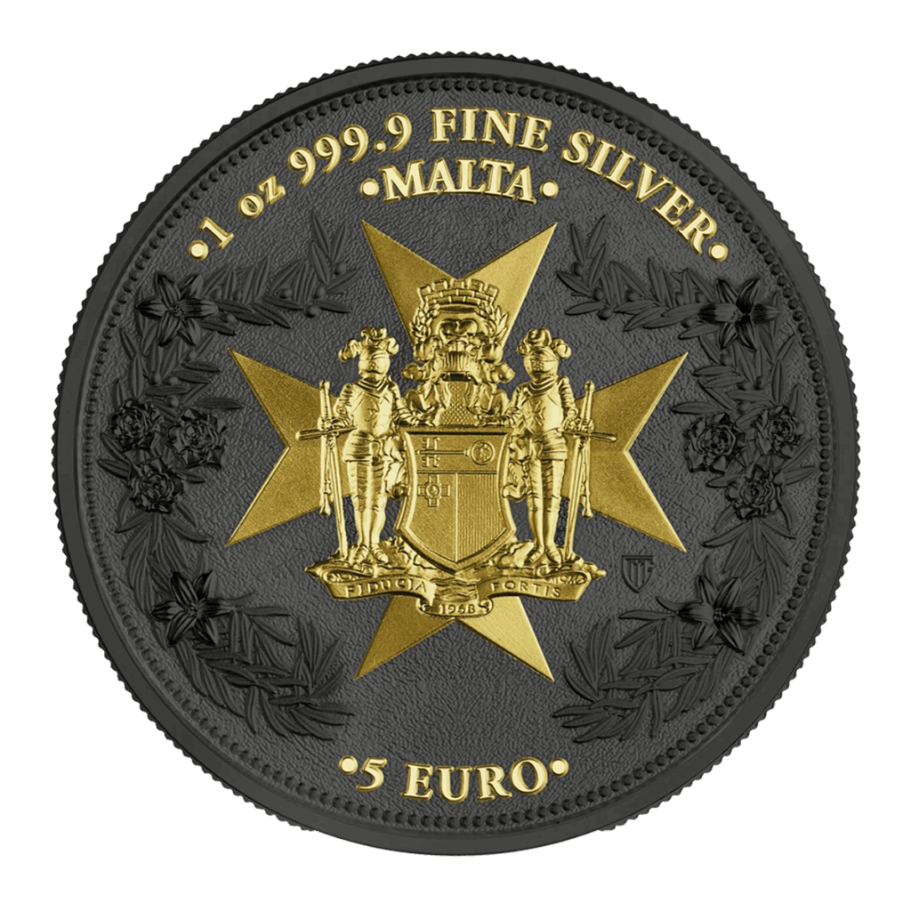 La moneta Prime Bullion - 2024 Malta Golden Eagle 5 Euro 1 oz Argento BU Edizione Limitata è un tondo nero e oro con croce maltese, stemma centrale, motivi floreali e testo: 1 oz 999.9 FINE SILVER MALTA 5 EURO.