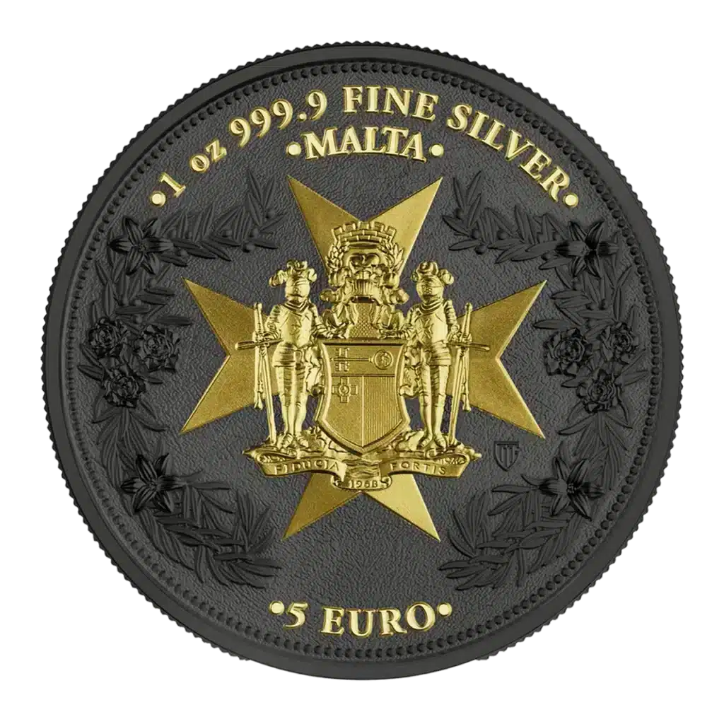 La edición limitada 2024 Malta Golden Eagle 5 Euro coin by Prime Bullion, 1 oz silver BU, muestra una cruz maltesa, dos caballeros con un detallado escudo de armas, tonos dorados y negros, e inscripciones sobre su contenido en plata y su valor.