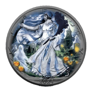 La fdc Halloween USA American Eagle 2024 Notte Fantasma 1 oz Argento raffigura una donna in un fluente abito bianco che attraversa uno spettrale cimitero con cricche luminose, fantasmi, pipistrelli e una chiesa infestata.