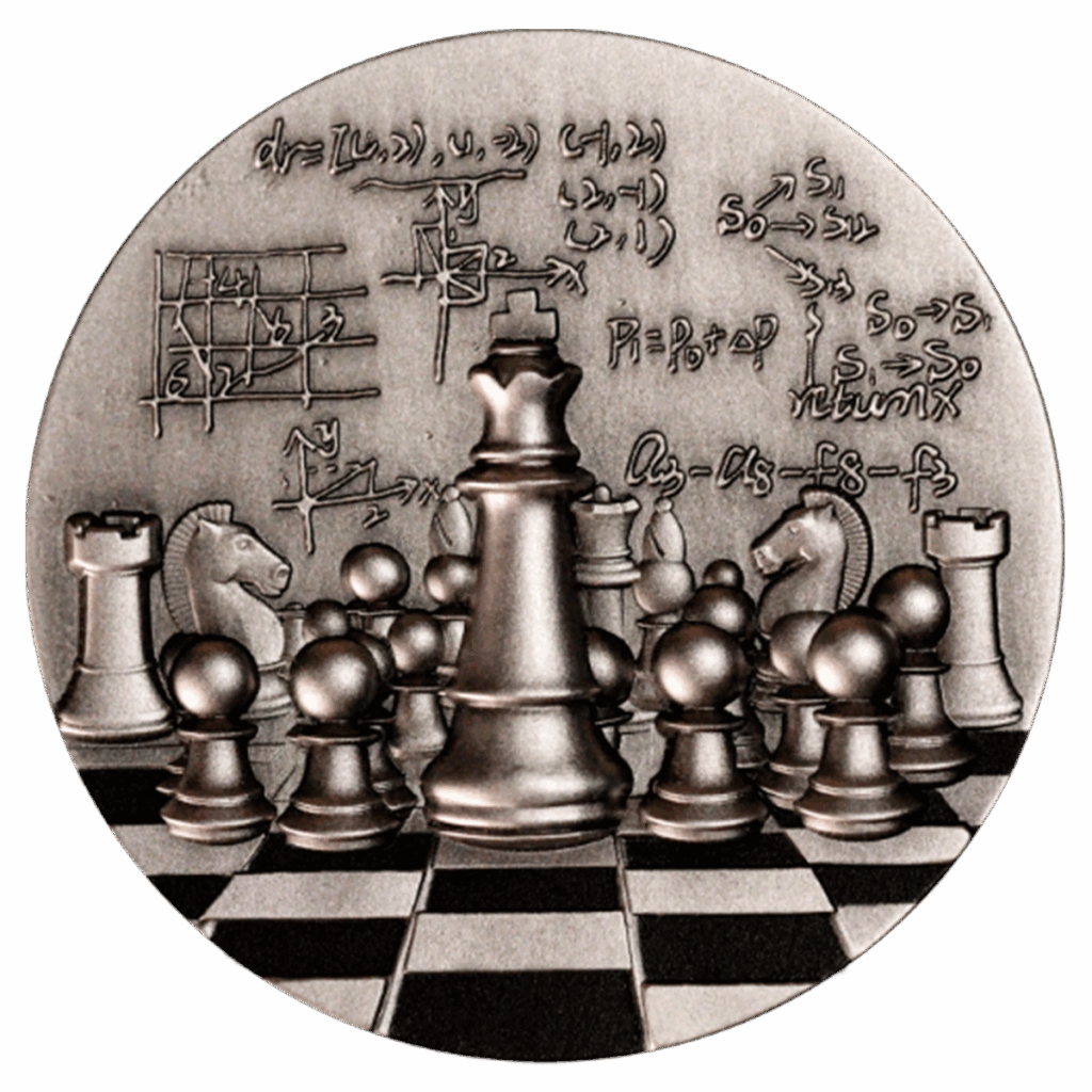 Il Camerun 2024 Scacchi Internazionali 2 oz Argento Finitura Vintage è un medaglione rotondo in metallo con scacchiera, pezzi ed equazioni matematiche con frecce, a simboleggiare il legame tra scacchi e matematica.
