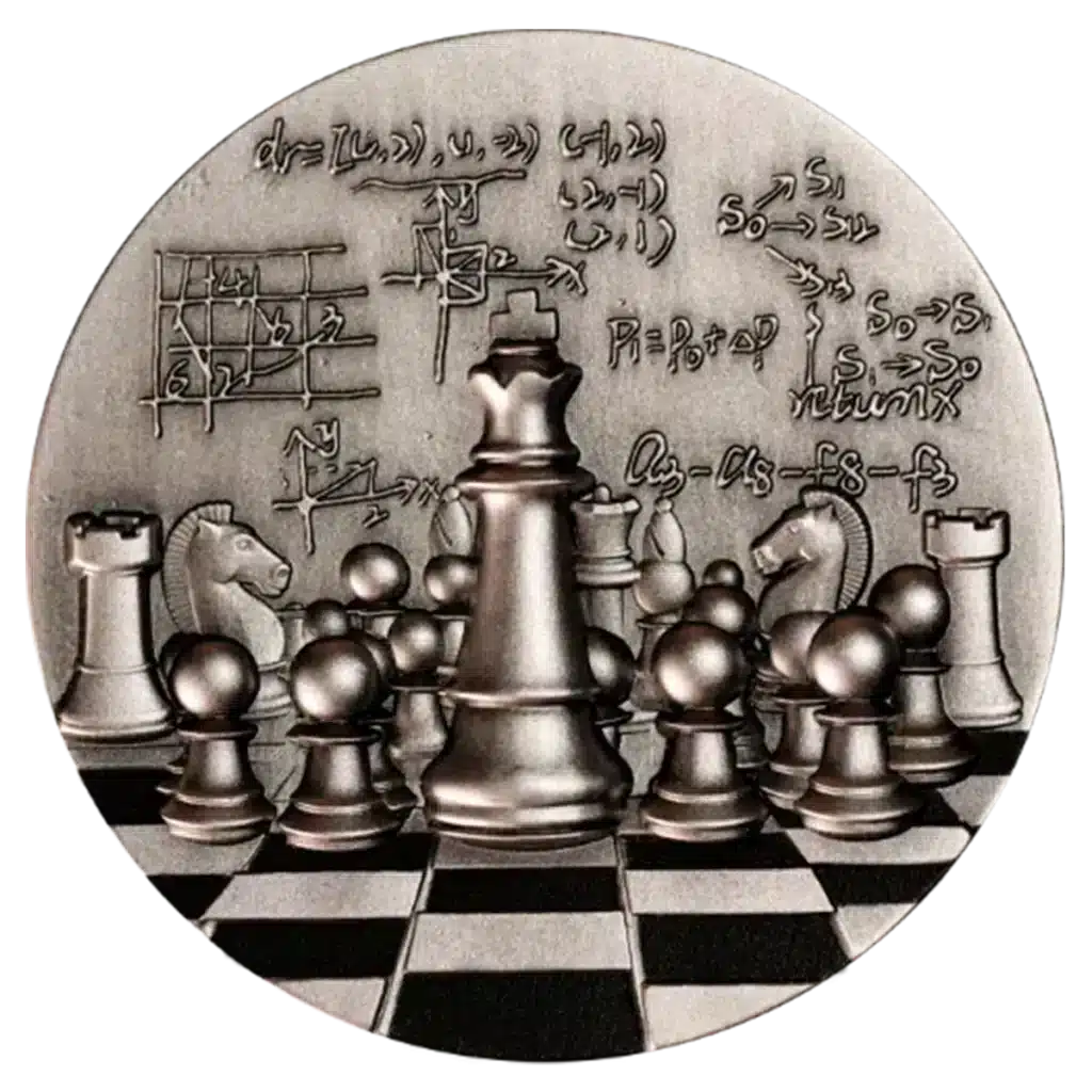 La medalla Camerún 2024 Ajedrez Internacional 2 oz Plata Acabado Antiguo muestra piezas de ajedrez sobre un tablero, con un rey central rodeado de peones, caballos y torres, y fórmulas matemáticas y diagramas grabados en el fondo.