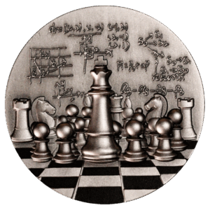 Il Camerun 2024 Scacchi Internazionali 2 oz Argento Finitura Vintage è un medaglione rotondo in metallo con scacchiera, pezzi ed equazioni matematiche con frecce, a simboleggiare il legame tra scacchi e matematica.