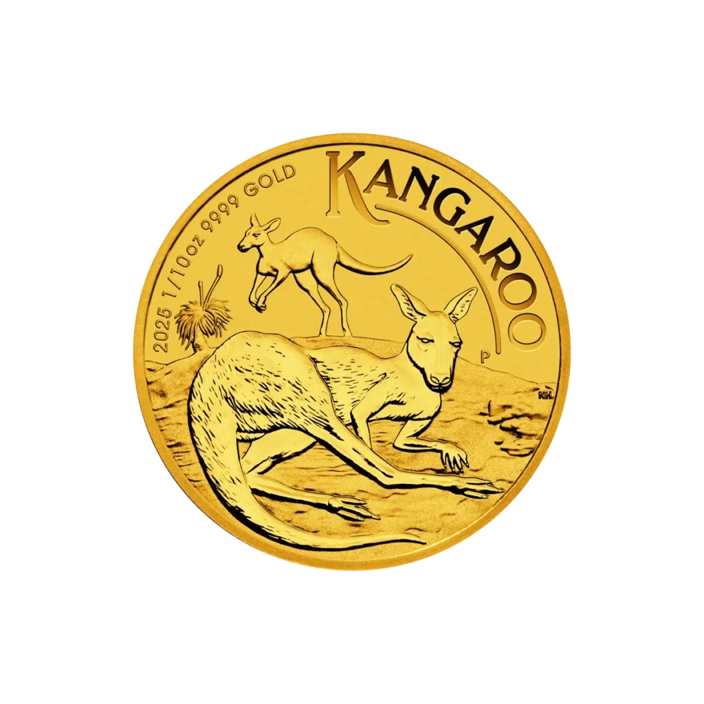 La moneda de oro de 1/10 oz Canguro Australiano Oro 2025 muestra dos canguros y "KANGAROO" en la parte superior, con "2025 1/10 oz 9999 GOLD" en el lado izquierdo, sobre un fondo blanco.