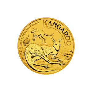 La moneta da 1/10 oz Canguro Oro 2025 presenta due canguri, uno sdraiato in primo piano e l'altro dietro, con erba e un albero, con l'iscrizione KANGAROO, 2025, e 1/10 oz 9999 GOLD.